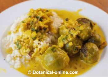 Brussels sprouts with turmeric sauce, accompanied by brown rice.
