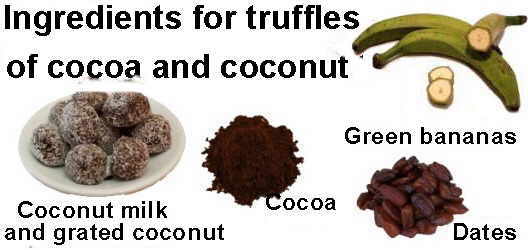 Main ingredients for the recipe of truffles cocoa and coconut