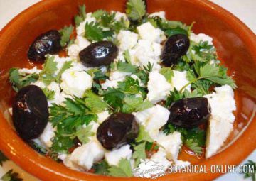 Cheese appetizer with olives and burnet leaves