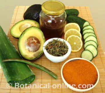 aloe vera, avocado, rosemary, cucumber, lemon, turmeric and plant by-products, such as honey