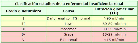 clasificacion insuficiencia renal cronica estadio grado enfermedad IRC