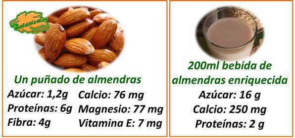 valor nutricional y contenido en calcio de las almendras y la leche 