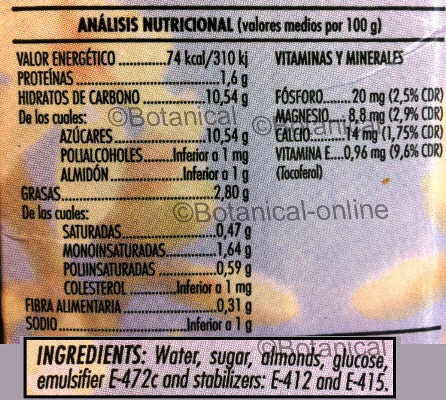 composición de la leche o bebida vegetal de almendras, etiqueta nutricional