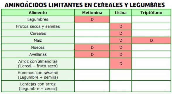 aminoacidos limitantes en cereales legumbres, metionina, triptofano y lisina