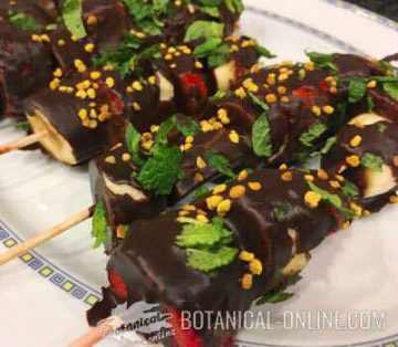 brochetas de fruta con polen y menta