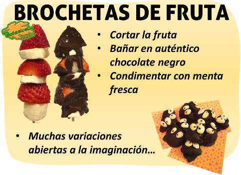 receta paso a paso de postre de bombones infantiles para niños, muñecos de chocolate y fruta