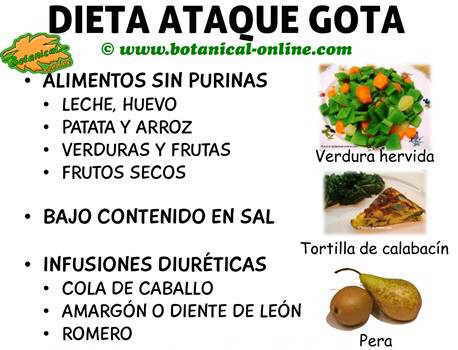 dieta para ataque de gota crisis de acido urico o hiperuricemia. alimentos sin purinas