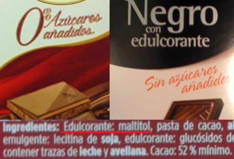 etiqueta de chocolate negro sin azucar con edulcorante