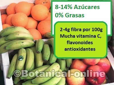 composicion nutricional de las frutas, fibra, azucares