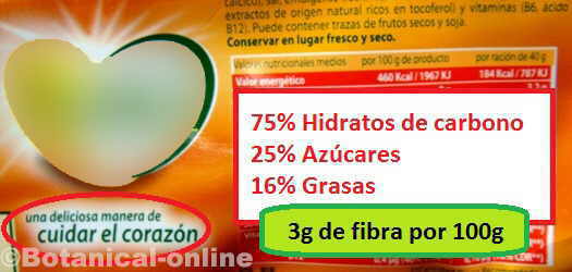 etiqueta de galletas integrales corazon, fibra, hidratos y grasas 