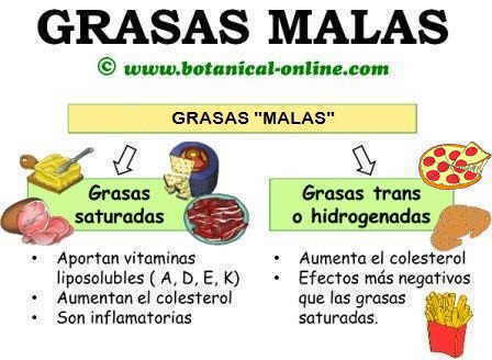 Las grasas malas son las saturadas e hidrogenadas o trans, que aumentan el colesterol y el riesgo de enfermedades de corazon