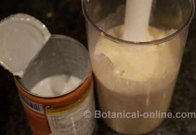 batiendo leche de coco y plátano verde con batidora para receta