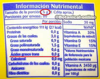 Informacion nutricional de margarina con grasas trans