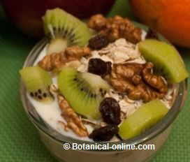 yogur con muesli, fruta, pasas, nueces, kiwi, copos avena